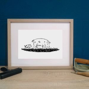 Linogravure : cochons, Barbotine et sa maman