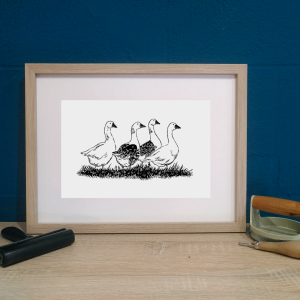 Linogravure : Les oies